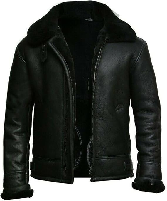 Men's B3 Aviator Raf Fight Pilot Real Fur Shearling Belted Bomber Sheepskin Leather Jacket