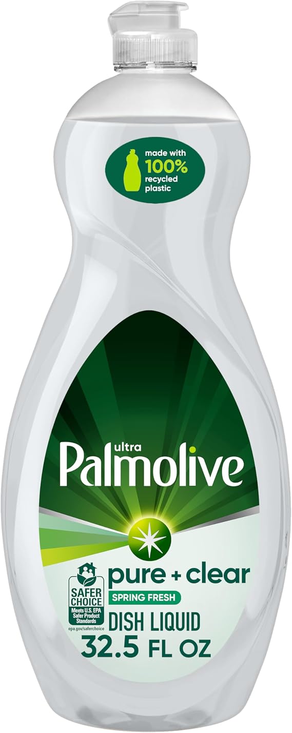 Palmolive Ultra Pure + Clear Dish Soap, Spring Fresh Scent, 32.5 fl oz | Hypoallergenic, Cuts Grease, Dishwashing Detergent, Leaves Dishes Sparkling Clean, Tough on Grease, Soft on Hands