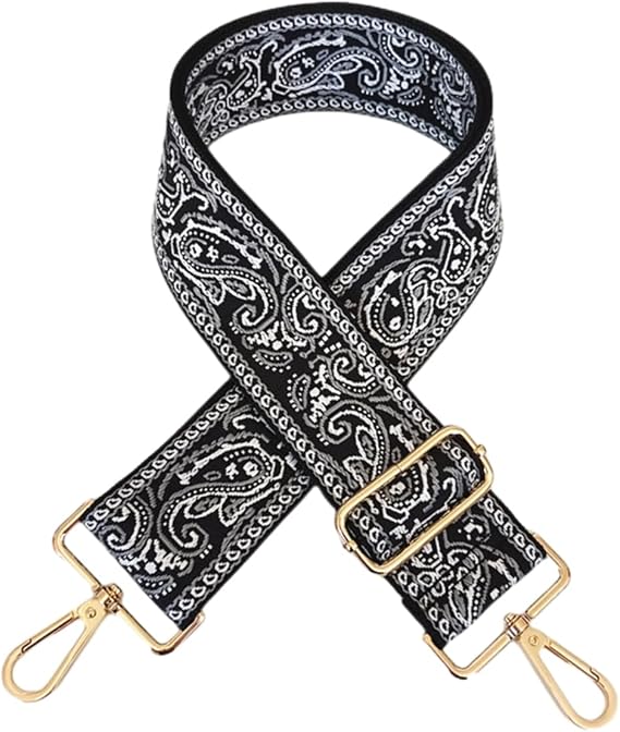 1pc Adjustable Strap Replacement 2inch Wide Paisley Jacquard Belt for Crossbody Purse Handbag Shoulder Guitar Camera Bag (Black)
