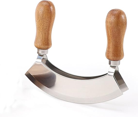 5.3 Inch Mezzaluna Knife - Sharp Double Blade Chopping Pizza Cutter Rocker Knife Mezzaluna Salad Chopper Stainless Steel Fruit Vegetable Mincing Knife