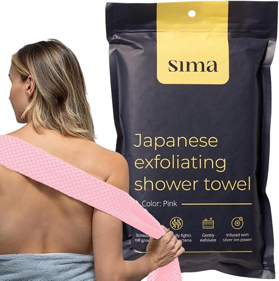 Sima Brand Exfoliating Washcloth Face & Body Scrub Towel - Japanese Exfoliating Towel with Hexagon Fibers, Body Scrubber with 2 Sides for Scrubbing & Washing, Extra Long Body Towels (Pink)
