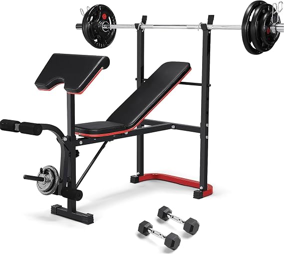 600 LBS Standard Adjustable Weight Bench Set, Adjustable Bench Press with Preacher Curl Pad