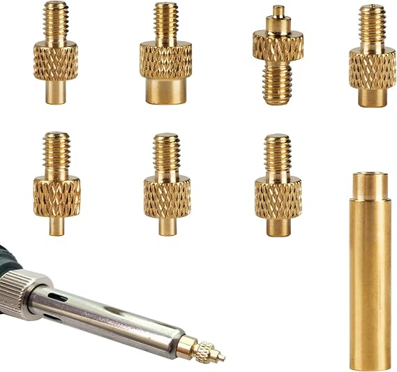 7 Heat Set Insert Tips & 1 Soldering Iron Adapter, Brass Heat-Set Insert Tips for Threaded Inserts M2 M2.5 M3 M4 M5 M6 M8, Plastic 3D Printer Soldering Iron Tipsfor Weller SP40NUS/Hakko FX-888D/900M