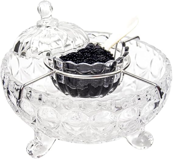 DUEBEL Caviar Server Set with 2 Mother of Pearl Spoons - Elegant Droplet Pattern Serving Bowl for Caviar, Shrimp, and More in Kitchen, Restaurant and Catering Events