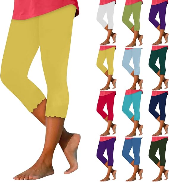 Capri Leggings for Women Casual Slim Fit Elastic High Waisted Yoga Pants Solid Tummy Control Workout Pants