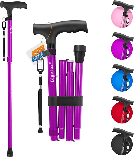BigAlex Folding Cane,Adjustable Collapsible Foldable Walking Cane for Men,Women,Lightweight,Portable Hand Walking Stick - Balancing Mobility Aid - Sleek, Comfortable T Handles