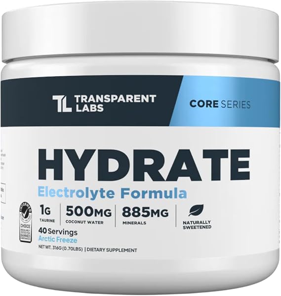 Transparent Labs Hydrate Sugar Free Electrolytes Powder - Hydration Powder Electrolytes Naturally Flavored & Sweetened w Stevia w Coconut Water, Taurine, Potassium - 40 Servings, Arctic Freeze