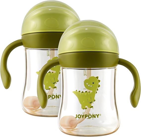 Joypony Sippy Straw Cups for Toddlers 1-3, Spill-Proof, 9 oz Green 2 Pack | PPSU Weighted Straw Cup for 6 Months+, Toddler Water Bottle with Straw, Leak Proof Toddler Cups 4 Silicone Straws, BPA-Free