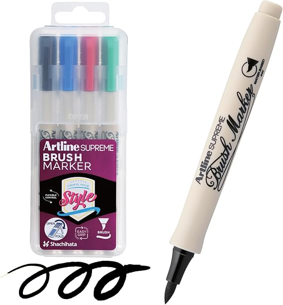 Artline Supreme Brush Marker Assorted Pack Of 4 (Red,Blue,Black,Green) by Anmol Art & Frames
