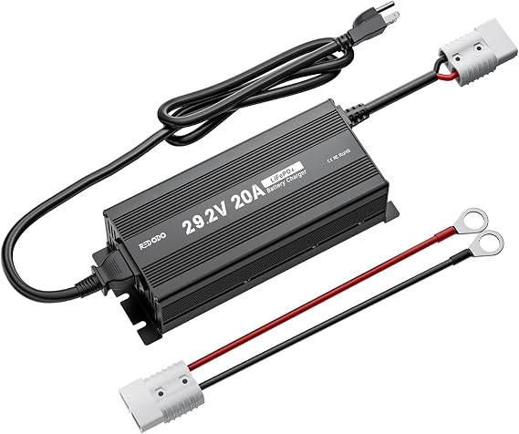 Redodo 24V 20A Lithium Battery Charger, 29.2V Output AC-DC, 0V Activation | For 25.6V LiFePO4 Battery, Smart 3-Stage Charging with LED Indicator, 4 Safety Protections, Ideal for RV, Home, Off-Grid