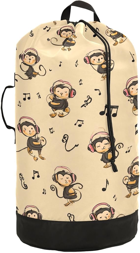 Beige Monkeys with Headphones Music Notes Laundry Backpack Bag with Adjustable Shoulder Straps Handle Dirty Laundry Hamper Bag for Traveling Camp College Dorm Heavy Duty Waterproof Large Capacity
