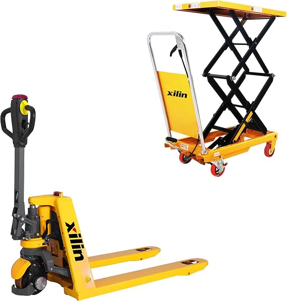 Xilin Electric Pallet Jack Truck Lithium Battery 3300LBS Capacity 48" x 27" Fork Size and Manual Hydraulic Lift Table Cart Double Scissor 330lbs Capacity 43.3" Lifting Height