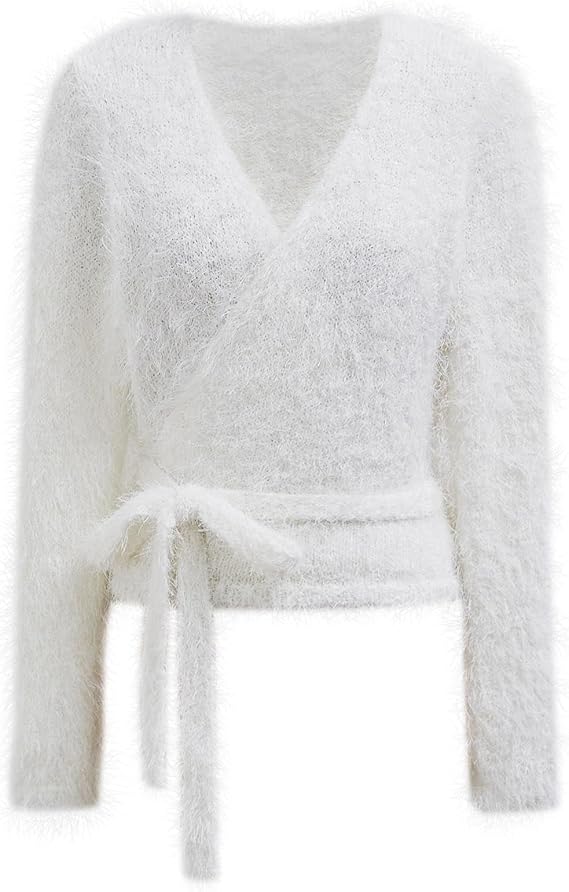 CHICWISH Women Fuzzy V Neck Wrap Knit Top Tie Waist Knot Long Sleeve Soft Pullover Sweater Casual Fall Winter Solid Top