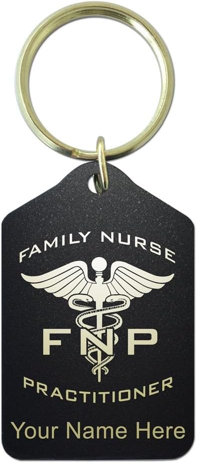 Keychain, FNP Family Nurse Practitioner, Personalized Engraving Included (Black Metal)