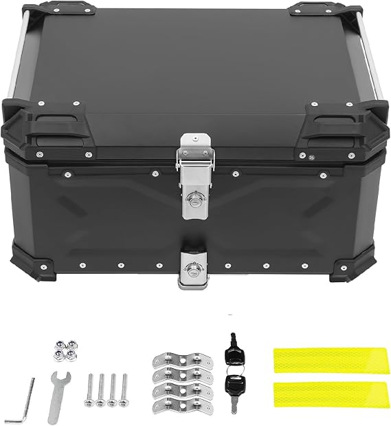 Motorcycle Top Case, 65L Universal Aluminum Alloy Motorcycle Top Box, Waterproof Detachable Motorbike Tail Box with Security Lock for Helmet, Travel Gear (65L)
