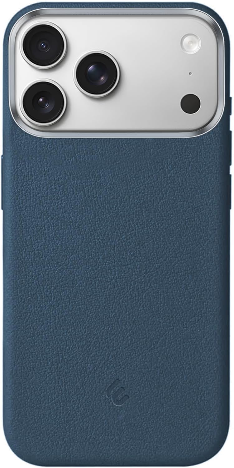Minesk iPhone 17 Pro için MagSafe ile Uyumlu Çizilmeyen ve Parmak İzi Tutmayan Deri Görünümlü Metal Tuşlu ve Metal Lens Çerçeveli Hybrid Silikon Kılıf (Mavi, 17 Pro)