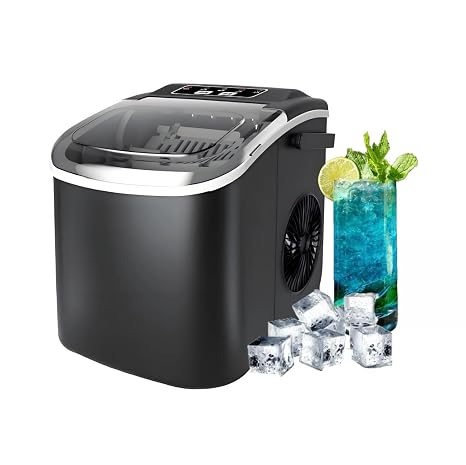 Countertop Ice Maker Machine with Handle,26 lbs in 24Hrs,9 ice Cubes Ready in 6min,Auto Cleaning Portable ice Maker with Basket and Scoop for Home Kitchen Camping rv,Pink,Black (Black)