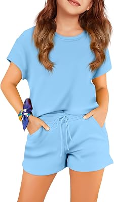 Girls Two Piece Sets Short Sleeve Tshirts and Drawstring Shorts With Pockets Summer Outfits Size 6-14