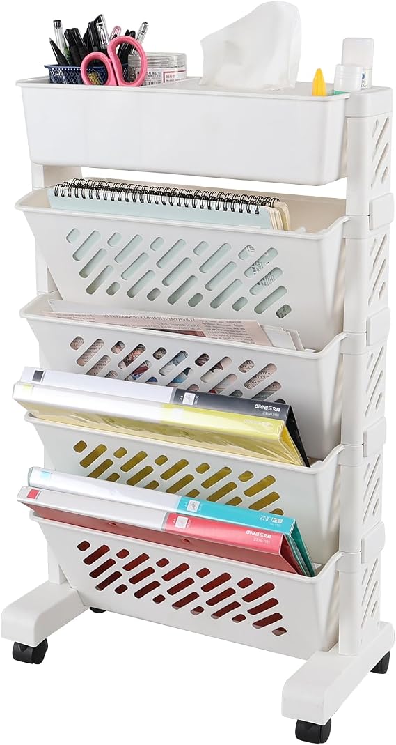 Plastic Rolling Bookshelf, 5-Tier Small Movable Bookcase with Wheels, White