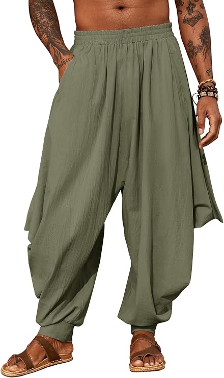 Mens Harem Pants Linen Yoga Beach Baggy Summer Boho Aladdin Genie Pants | Loose Baggy Fit, Elastic Waist, Inner Drawstring, Drop Crotch, Linen Cotton Fabric, Yoga, Beach, Pirate Halloween Cosplay