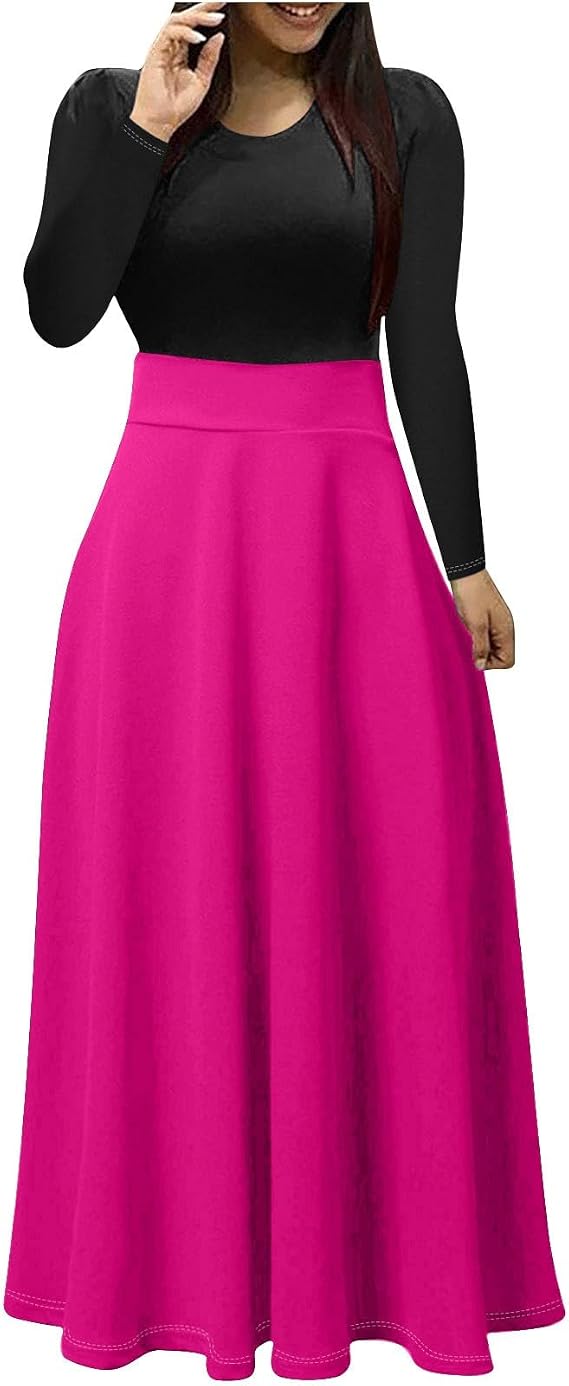 Fashion Color Block Dress for Women Classic 1950S Comfy Oversized Long Sleeve Dresses Casual Loose Party Dress