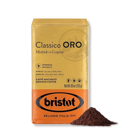 Bristot Classico Oro Italian Ground Espresso Brick Smooth & Full-Bodied Medium Roast For Moka, French Press & Pour Over 8.8 oz 250 g