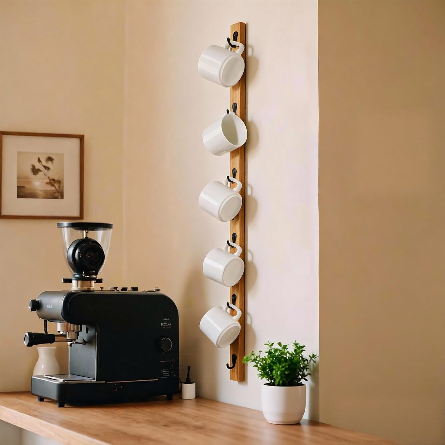 Wall-Mounted Coffee Mug Rack - 6-Hook Solid Wood Cup Holder for Kitchen Cabinet, Space-Saving Tea Bar Organizer with Rustic Decor Vertical Rectangle Design