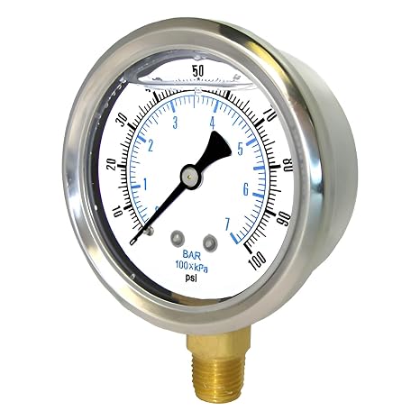 PIC Gauges 201L-25XR-SAE4 Bottom Mount Glycerine Filled Pressure Gauge w/ SS Case, Brass Internals, SS Bezel, PC Lens, 2.5" Dial, 0/5000 psi Range, 7/16"-20 SAE Hydraulic