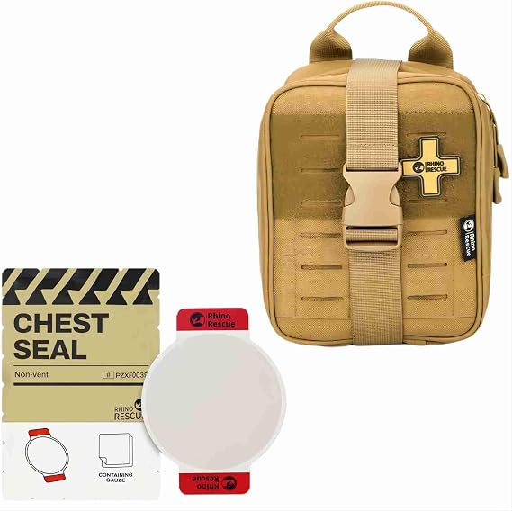 RHINO RESCUE Bundle- Non-Vented Chest Seal, IFAK Emergency Trauma Dressing+IFAK Trauma Kit, Tactical First Aid Kit Molle Pouch for Military, Coyote Brown