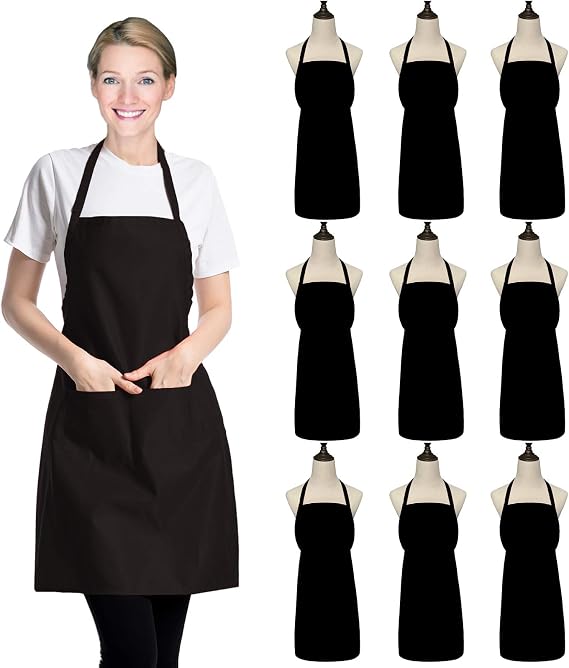 9 Pack Black Apron for Women Adult Girls Ladies with Pockets - Kitchen Aprons Bulk for Cooking Painting BBQ Grilling Baking (9 Pack, Black)