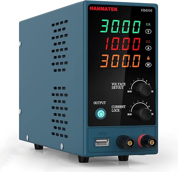 Adjustable DC Power Supply (0-30 V 0-10 A) with Output Enable/Disable Button HANMATEK HM310 Mini Variable Switching Digital Bench Power Supply with USB Charging