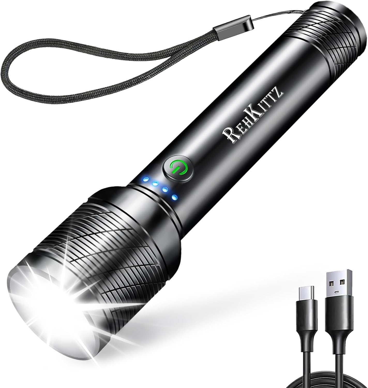 REHKITTZ LED Flashlight, Powerful LED Light, Rechargeable, Ultra Bright, 1600 Lumens, Flashlight, Handy Light, 2,200 mAh Rechargeable, Built-in High Capacity Battery, Long Standby, Battery Display