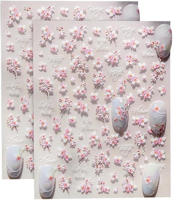 2 Sheets Pink Cherry Blossom Nail Stickers 5D Embossed Floral Nail Art Stickers Cute Spring Summer Nail Decals Designs Manicure Art Decorations