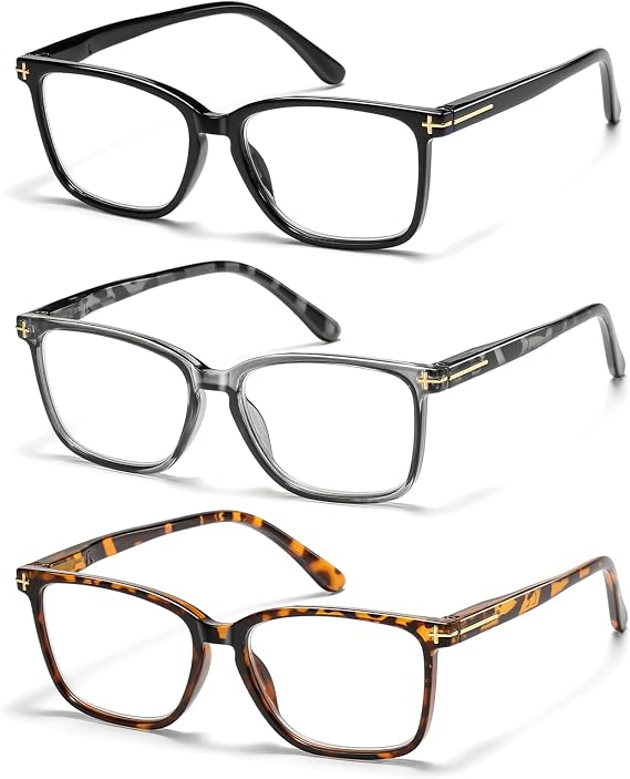 3 Pack Square Reading Glasses for Men, Blue Light Blocking Premium Eyeglasses Computer Readers with Spring Hinge