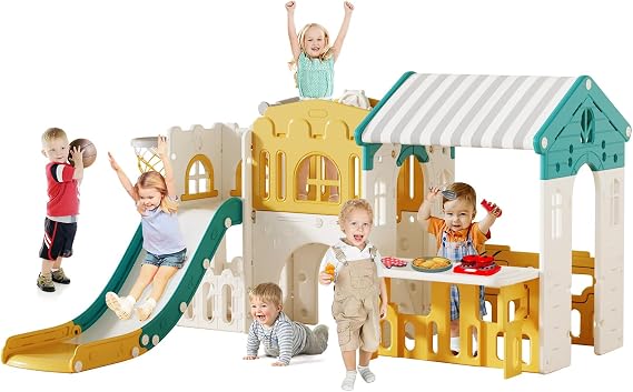 Playground Playsets Outdoor Playhouse 10 in 1 Toddler Slide with Rock Climber with Basketball, Hoop, Storage, playroom Upgraded