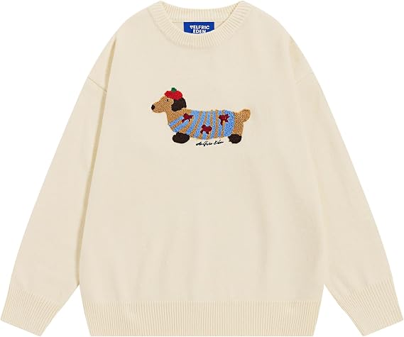 Aelfric Eden Cartoon Dog Sweater Casual Soft Baggy Knit Pullover Sweaters Long Sleeve Crewneck Tops 2024 Trendy Outfits