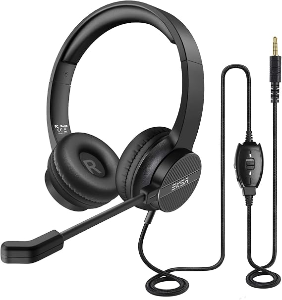 EKSA Headset with Microphone for PC, 3.5mm Wired Computer Headsets with Volume & Mic Mute Controls, Lightweight All-Day Comfort Noise Cancelling Headphones for Laptop Work Office Call Center Skype