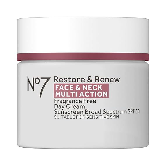 No7 Restore & Renew Multi Action Face & Neck SPF 30 Day Cream - Firming & Hydrating Face Moisturizer with Hyaluronic Acid to Help Reduce the Appearance of Wrinkles - Fragrance-Free (1.69 Fl Oz) | Firming & Hydrating Moisturizer, Hyaluronic Acid, Reduces Appearance of Wrinkles, Fragrance-Free