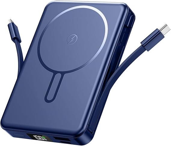 Magnetic Portable Charger, Power Bank Fast Charging 22.5W 10000mAh, Portable Charger with Built in Cable, for Magsafe Battery Pack Compatible with iPhone 17/16/15/14/13/12 Pro/Pro Max, Samsung Blue