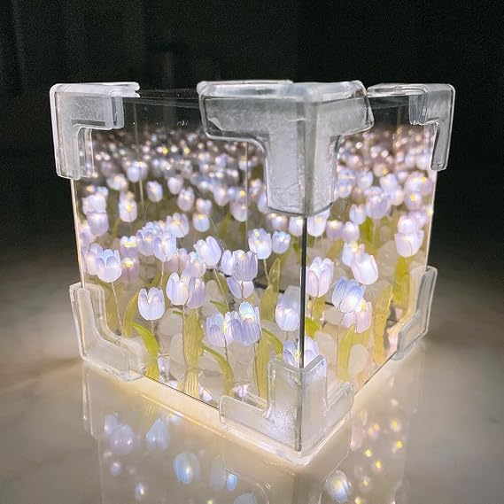 Katutude DIY Tulip Cube Mirror Lamp 2024 Tulip Night Light LED Decorative Lamp Handmade Tulip Flower Lamp Desktop Furniture Decoration Creative Gifts