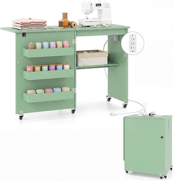 DORTALA Folding Sewing Table with Charging Station, Rolling Craft Station with 3 Storage Bins & Open Shelf, Mobile Sewing Machine Desk with Lockable Wheels for Home, Small Spaces (Green)