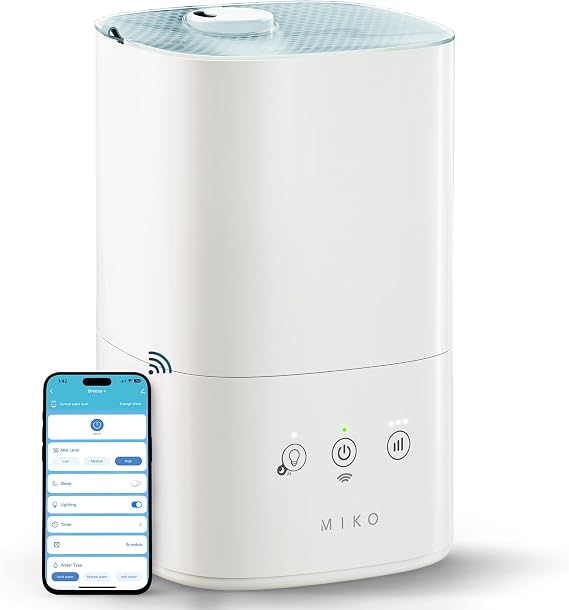 MIKO Ultrasonic Humidifiers for Large Room & Bedroom- Water Filter, Auto Mode, No Leak Design, Sleep Mode, Built-in Timer, Humidifier for Babies & Home, Wifi App controlled