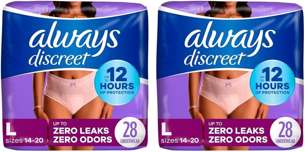 Always Discreet Adult Incontinence Underwear, Maximum Absorbency, Large, 28 Count Packaging May Vary Pack of 2