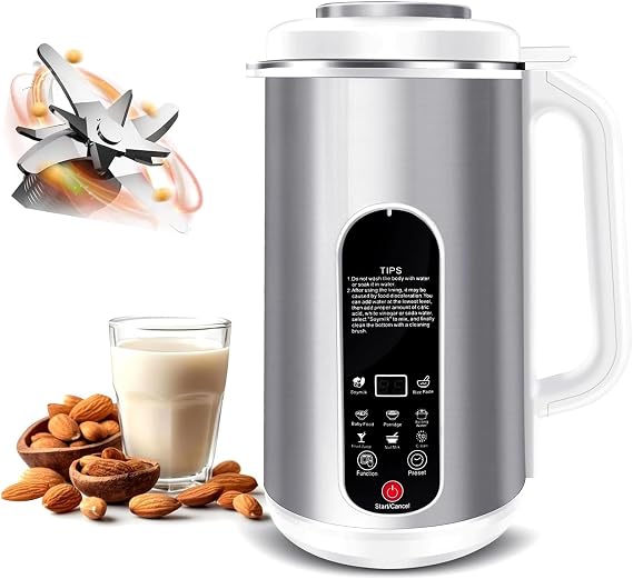 8-in-1 Nut Milk Maker Machine, 40oz Automatic Stainless Steel Milk Maker with 12-blade Cutter, 24h Timer & Keep Warm, LED Display, No Straining Automatic Food Processor