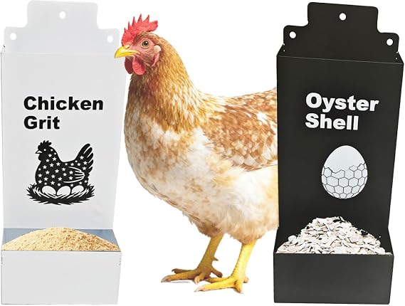 Automatic Chicken Oyster Shell and Grit Feeder, Spill-Proof Hanging Gravity Poultry Feeding Equipment, Metal Chicken Feeder 2Pack (Black & Red) (Black and White)