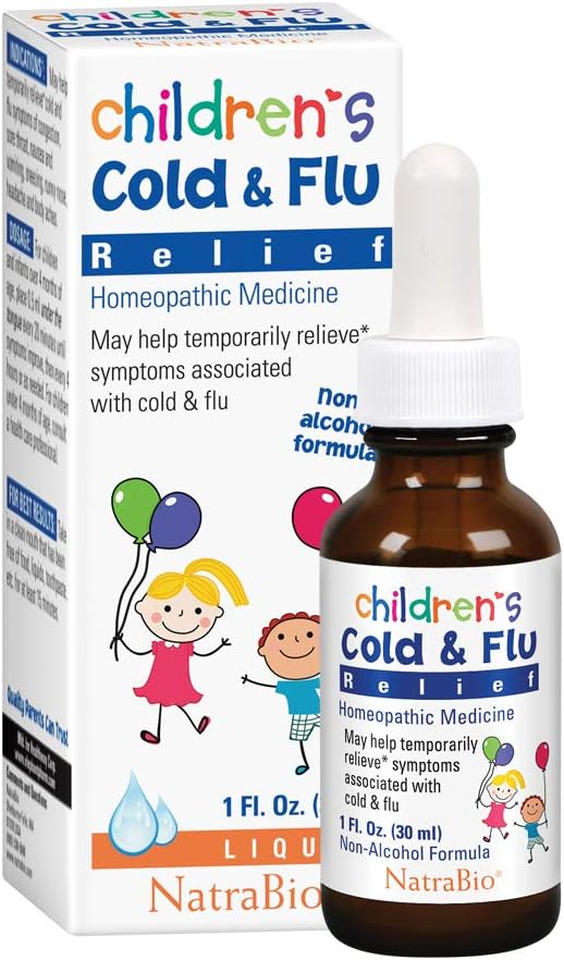 Natra-Bio Childrens Cold & Flu Relief Homeopathic Medicine | Kids and Infants 4 Months & Older | Congestion, Sore Throat, Nausea, Sneezing, Aches | No Sugar, No Side Effects & Non-Drowsy | 1 Fl Oz