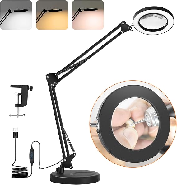 10X Magnifying Glass with Light and Clamp LED Magnifier Desk Lamp | Adjustable 3 Color Modes & 10 Brightness Levels, Craft Light for Close Work, Reading, Sewing, Soldering, Hobby Repair