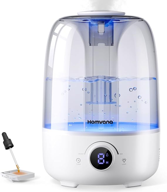 Homvana 4L Top-Fill Cool Mist Humidifiers for Bedroom, Large Room Plants | 40H Runtime Diffusers for Home, Air Humidifier for Plants, Baby Nursery, Essential Oil Diffusers (White)