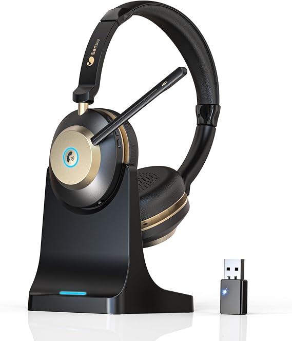 Earbay Wireless Headset, Bluetooth Headset With Microphone Noise Canceling & USB Dongle, V5.3 Bluetooth Headphone with Charging Dock & 50hrs Working Time for Computer/Phones/Teams/Skype/Zoom/Office