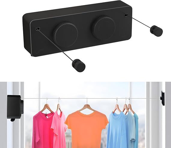 Retractable Clothesline Heavy Duty Clothes Drying Laundry Line Wall Mounted Easy Hanging Clothes Drying Laundry Line Retracting Hanging Lock to Prevent Sagging (Two line,Black)